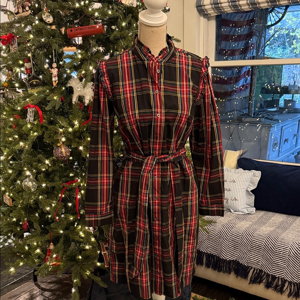 NWT Ralph Lauren Style-Tartan Plaid -Long Sleeve Ruffled Button up Dress w belt